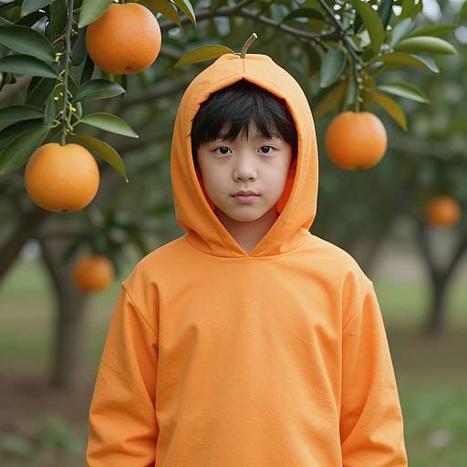 Boy in Orange Fruit Costume Outdoors