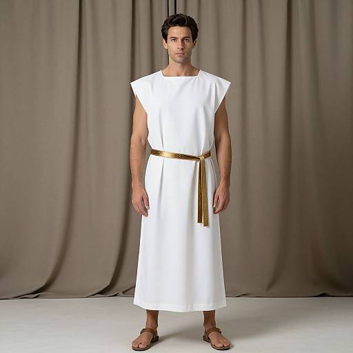 Photograph of a muscular, dark-haired man in a white toga with a gold belt, sandals, standing against a beige curtain backdrop.