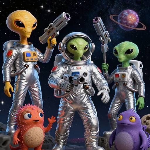 CGI image of four alien characters in silver spacesuits with guns, standing on a moon-like surface, with colorful, cute alien creatures and a planet