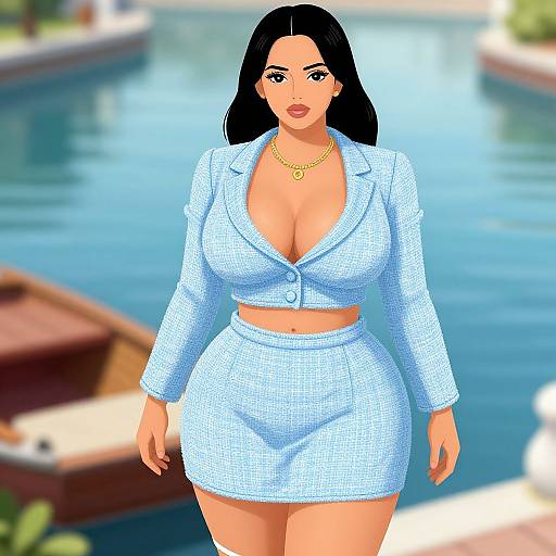 Digital illustration of a curvy woman with black hair, wearing a blue checkered crop jacket and skirt, gold necklace, standing by a blue canal.