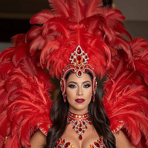 Woman in Extravagant Red Feather Headdress
