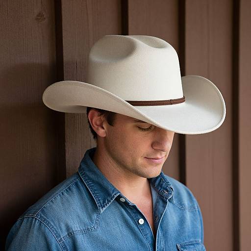 Photograph of a Caucasian man with fair skin, short brown hair, wearing a white cowboy hat and blue denim shirt, standing against a brown wooden wall