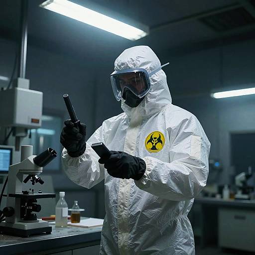 Photograph of a scientist in white biohazard suit, face shield, and gloves, holding a pipette over a microscope in a dimly lit
