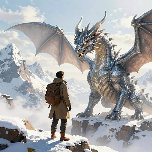 Digital illustration of a person with a brown backpack facing a large, silver-scaled, winged dragon in a snowy mountain landscape. Bright sunlight illuminates