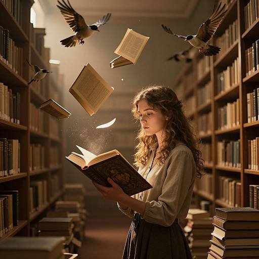 Photograph of a long-haired young woman in a library, wearing a beige blouse and black skirt, with books and birds floating around her, illuminated by