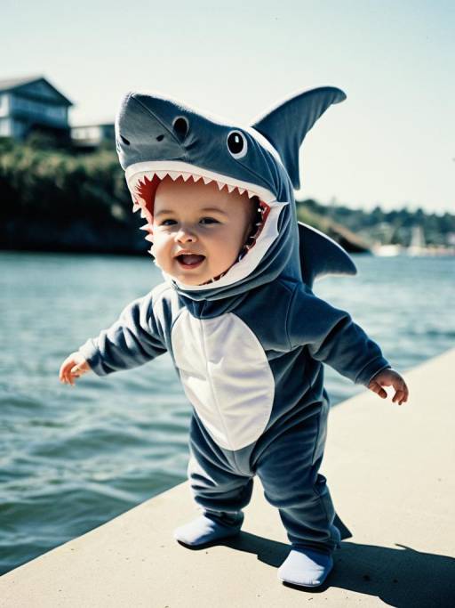 Baby in Shark Costume by Waterfront