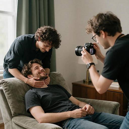 Sunlit Cozy Room: Friends Taking Photo