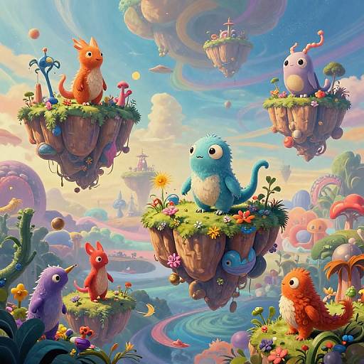 Whimsical digital painting of colorful, fluffy creatures on floating islands in a vibrant, surreal landscape with swirling clouds and fantastical flora.