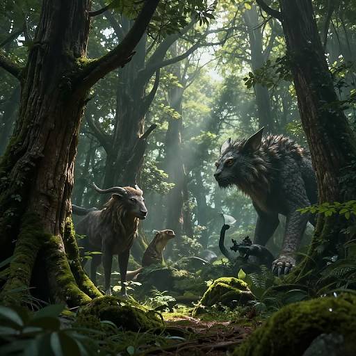 Photorealistic digital art: A mystical forest scene with a large, fierce, dark-furred beast, a lion-like creature, and a small,