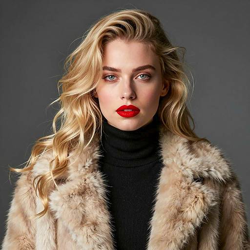 Blonde Woman in Fur Coat and Red Lipstick