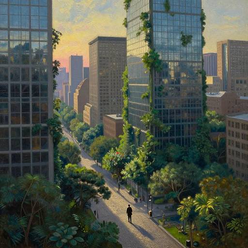 Digital painting of a sunlit urban canyon with tall glass buildings, lush greenery, and small figures walking along a cobblestone path.