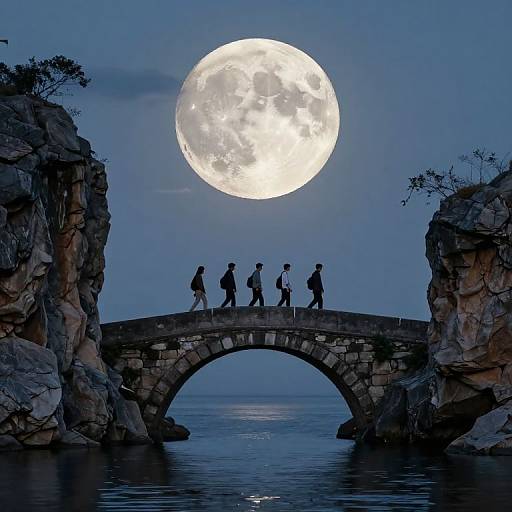 Silhouetted group crosses stone arch bridge under full moon, flanked by rocky cliffs, against a serene blue night sky and calm water.