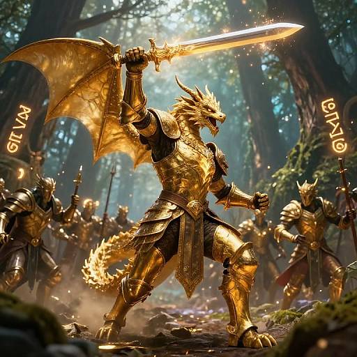 Digital fantasy artwork of a golden-armored, dragon-winged warrior with a flaming sword, leading an army through a sunlit forest. 