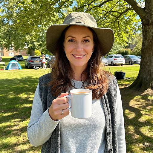 Photograph of a smiling woman with brown hair, wearing a green hat and gray sweater, holding a white mug outdoors in a sunny park with trees and
