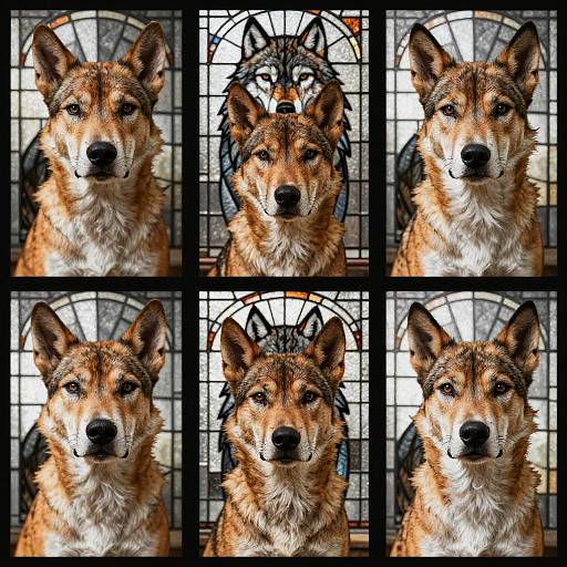 Photograph collage of six identical portraits of a tan and white coyote with black nose, set against a stained glass window background.
