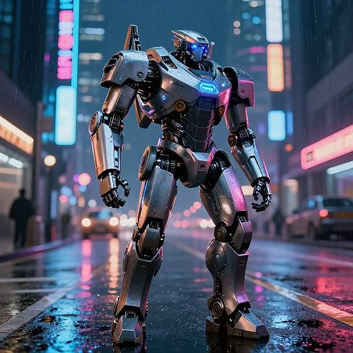 Photorealistic CGI of a metallic, blue-accented robot standing in a neon-lit, rainy city street, with blurred cars and buildings in