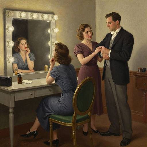1940s-style photograph of three people in a vintage dressing room with a mirror illuminated by round bulbs, preparing for an evening event.