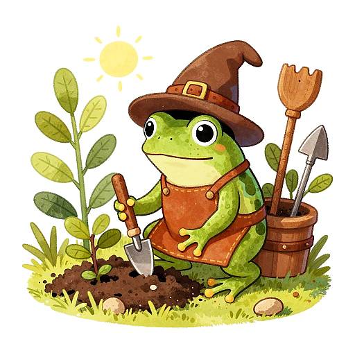 Cartoon green frog wearing brown wizard hat and orange apron, planting a seed with a small shovel, under a sunny sky.