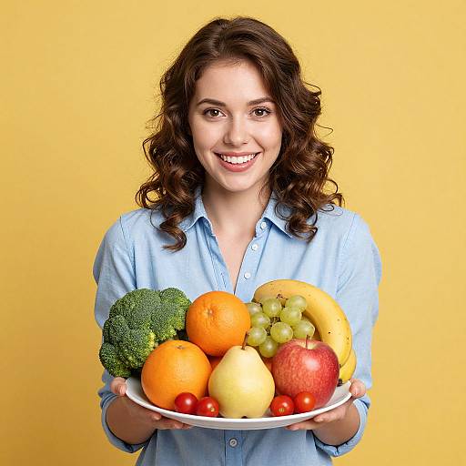 Photograph of a smiling young woman with curly brown hair, wearing a light blue shirt, holding a white plate of colorful fruits and vegetables against a yellow