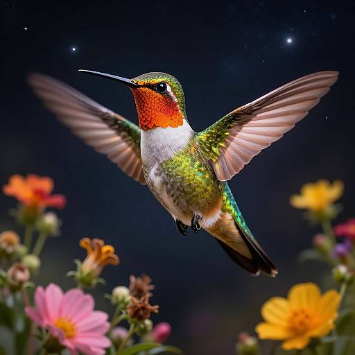 Photograph of a vibrant, green and white hummingbird with a red throat, mid-flight, surrounded by colorful flowers against a dark, starry night