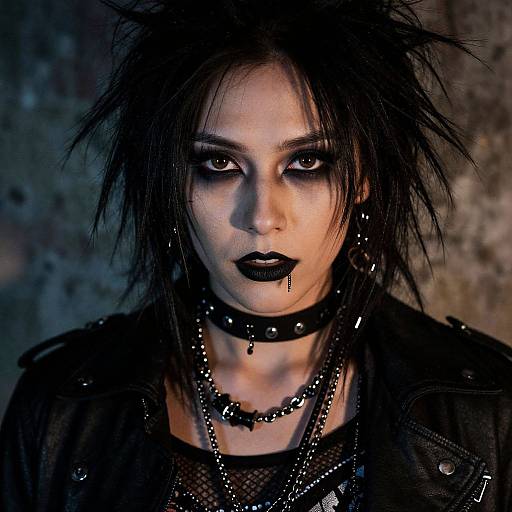 Gothic woman with pale skin, black lipstick, heavy eyeliner, spiked hair, black choker, leather jacket, and layered chains, in