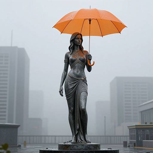 Photograph of a statuesque, dark bronze woman holding an orange umbrella, standing in a foggy urban setting with skyscrapers.