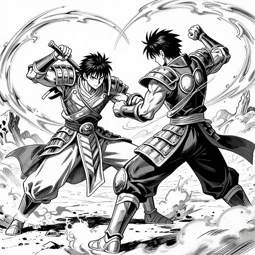 Black-and-white manga-style drawing of two muscular, spiky-haired warriors in fighting stances, with dynamic energy swirls and detailed armor.