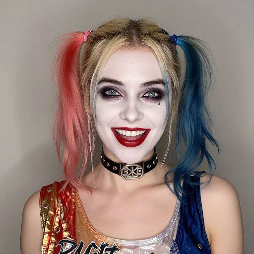 Photograph of a woman with pale white face paint, blue and red pigtails, black choker, red lipstick, and dark eye makeup,