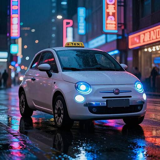 Photograph of a white taxi with bright blue headlights driving on a rainy city street, illuminated by colorful neon signs.