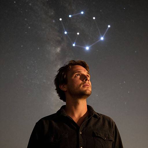 Photograph of a young man with dark hair and beard, wearing a black shirt, gazing up at a night sky with the constellation Orion visible.