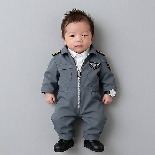 Photograph of an Asian baby with spiky black hair, wearing a gray pilot jumpsuit, white shirt, and black shoes, standing against a plain