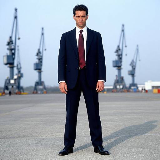 Photograph of a serious-looking man in a black suit, white shirt, and red tie standing in a dusty, industrial yard with cranes in the