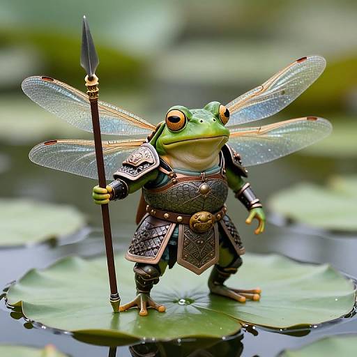Photograph of a green frog in detailed medieval armor, holding a spear, standing on a lily pad in a lush, blurred pond. The frog