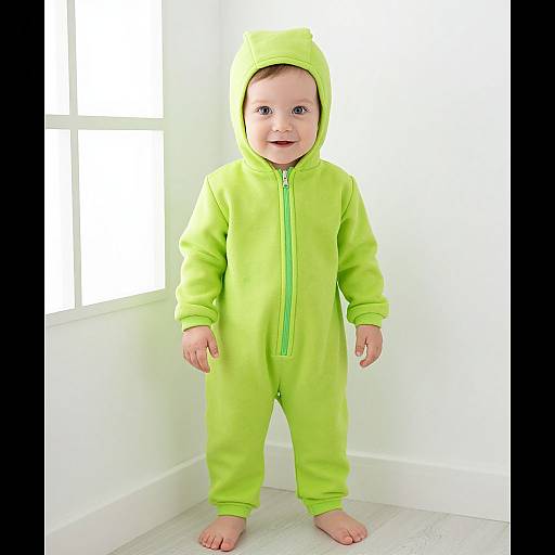 Photograph of a smiling baby with fair skin, wearing a bright green zip-up onesie and hood, standing barefoot in a white-walled room