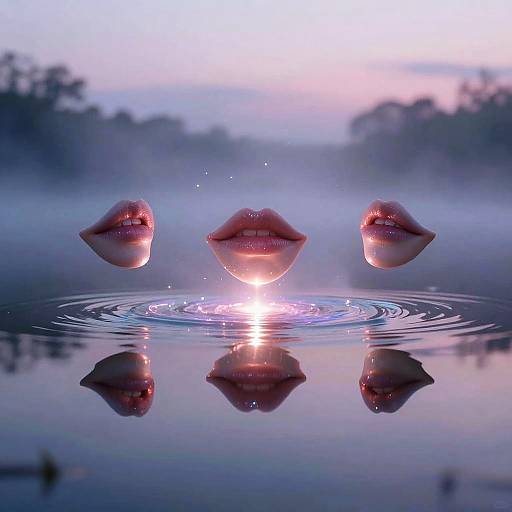 Surreal Floating Lips Over Mystical Lake