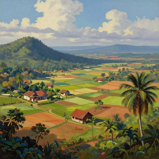 Vibrant landscape photograph of a rural village with red-roofed houses, lush green fields, palm trees, and rolling hills under a bright blue