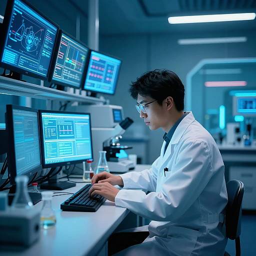 Photograph of an Asian male scientist in a white lab coat, glasses, and black hair, working intently at a computer-filled lab station with blue