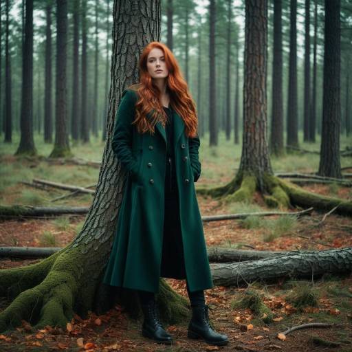 Redhead Woman Standing in Pine Forest