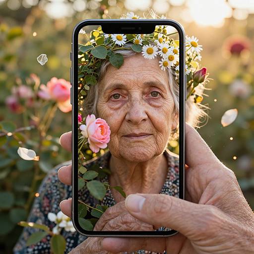 Photograph of an elderly woman with a flower crown, reflected in a smartphone, holding flowers in a sunlit garden.