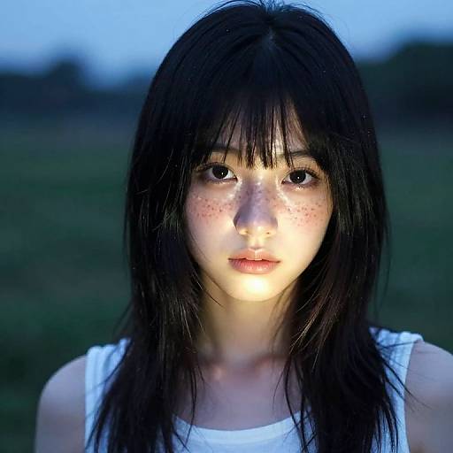 Photograph of an East Asian woman with long black hair, freckles, and glowing face, wearing a white tank top, against a twilight blue