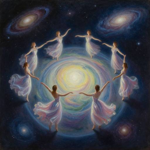 Digital painting of seven ethereal, white-gowned women dancing in a circle around a glowing, colorful galaxy with two spiral galaxies in the background, set