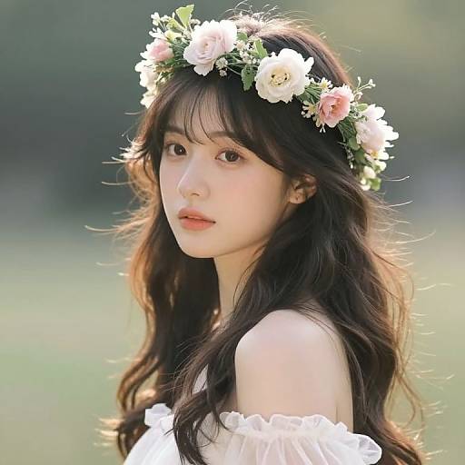 Photograph of an Asian woman with long, wavy black hair, wearing a white off-shoulder dress and a floral crown, standing outdoors with