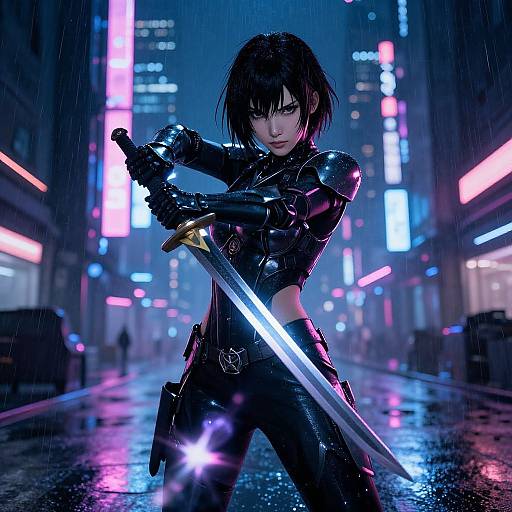 Cyberpunk Anime Sword Woman Night