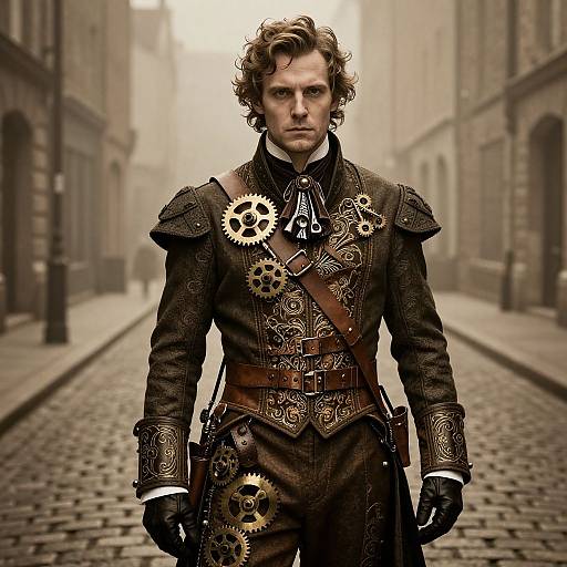 Photograph-style CGI: Brooding man with curly brown hair in ornate Victorian steampunk suit, adorned with gears, standing on foggy cob