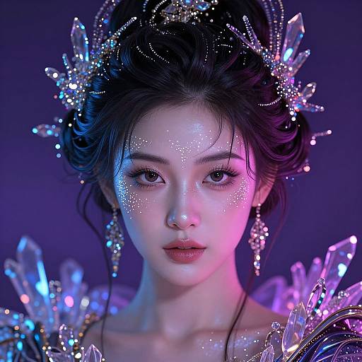 Digital art of a beautiful East Asian woman with glowing face glitter, wearing a crystal crown and earrings, illuminated by blue and pink lights, against a dark