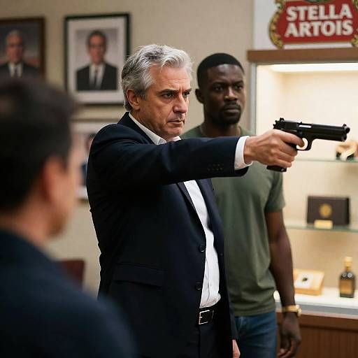 Man in Suit Pointing Gun with Onlookers
