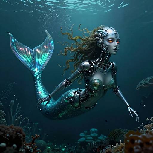 Digital art of a glowing, cybernetic mermaid with iridescent scales and red eyes, swimming through a dark underwater coral reef.