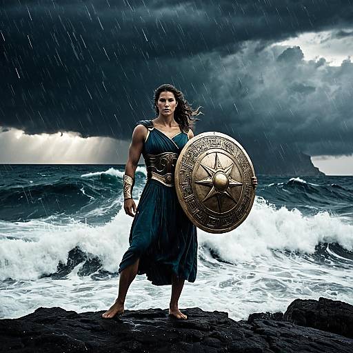 Greek Goddess Athena by Stormy Aegean Sea