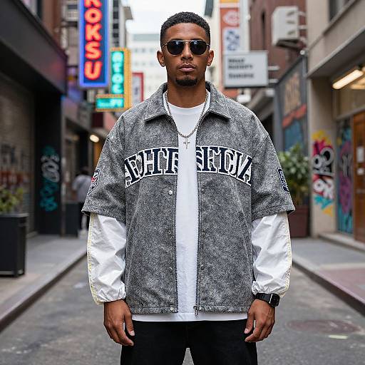 Photograph of a tall, Black man with short hair, wearing sunglasses, gray 