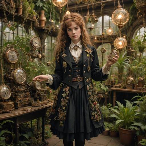 Steampunk Hermione in a Mechanized Greenhouse